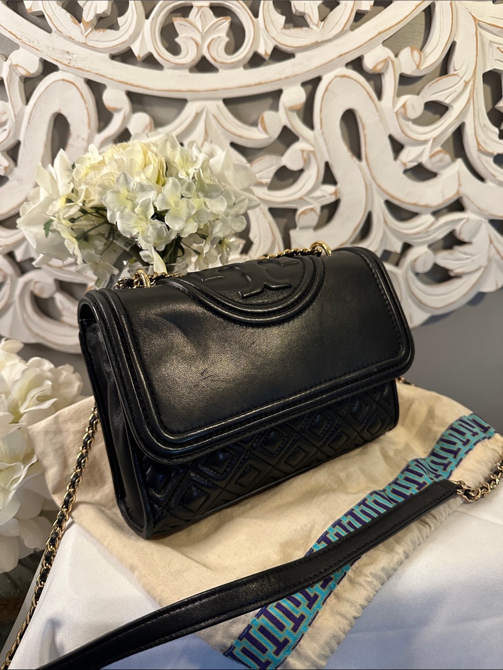 Tory Burch Black Leather Fleming Quilted Shoulder Bag